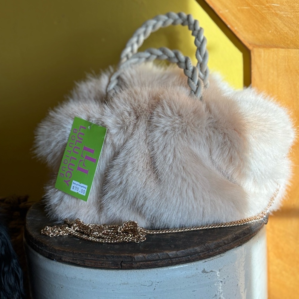Cream Mini Bag with Plush Texture and braided Handle